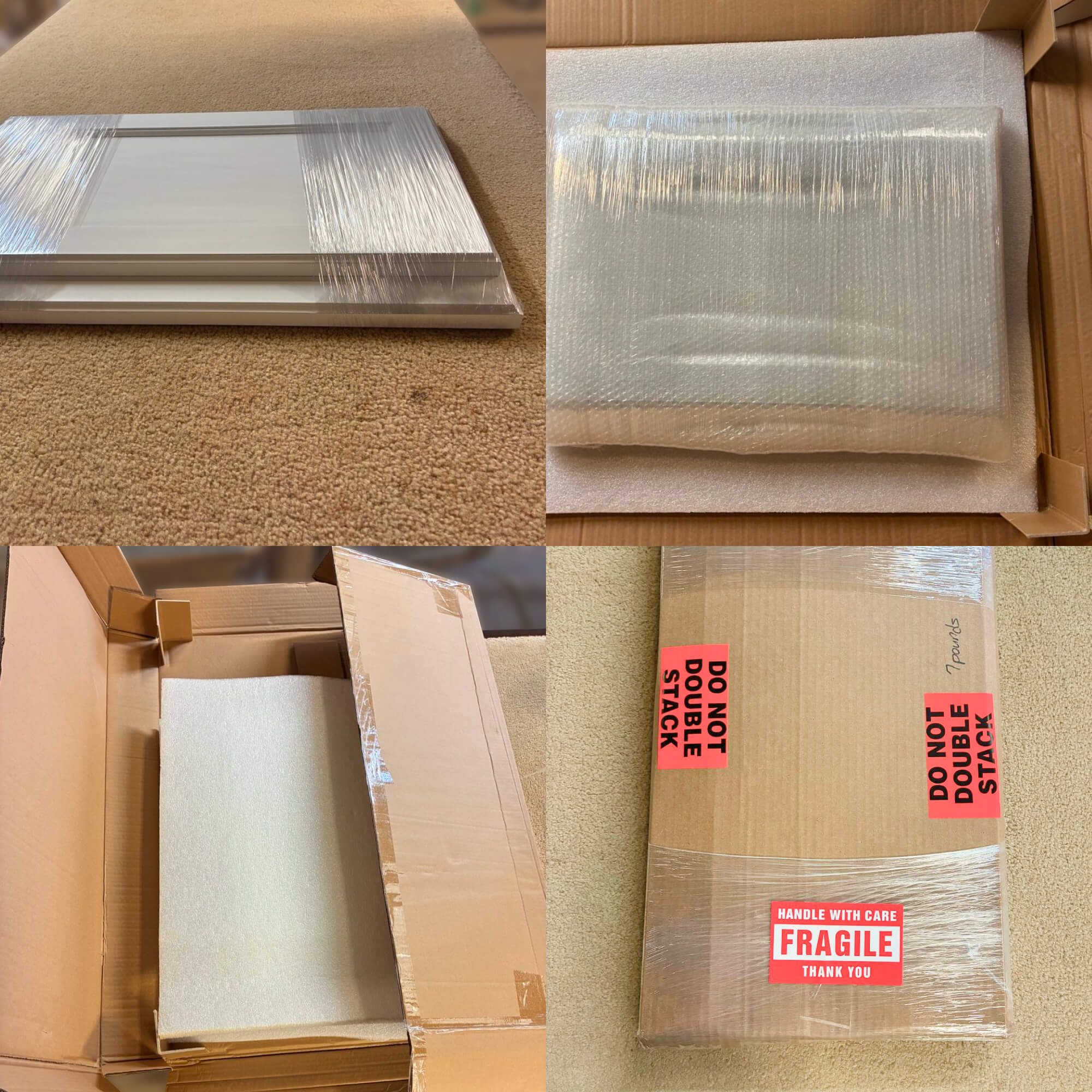 Protective packaging of custom cabinet doors – bubble wrap, foam, and fragile-labeled shipping boxes for safe delivery