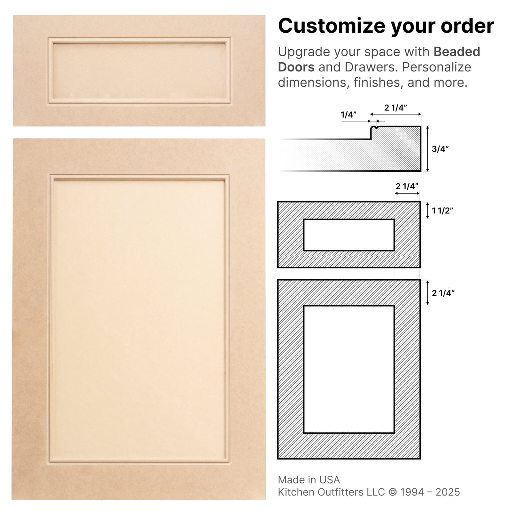 Beaded style cabinet door – stile and rail sizes with bead cut profile schematic