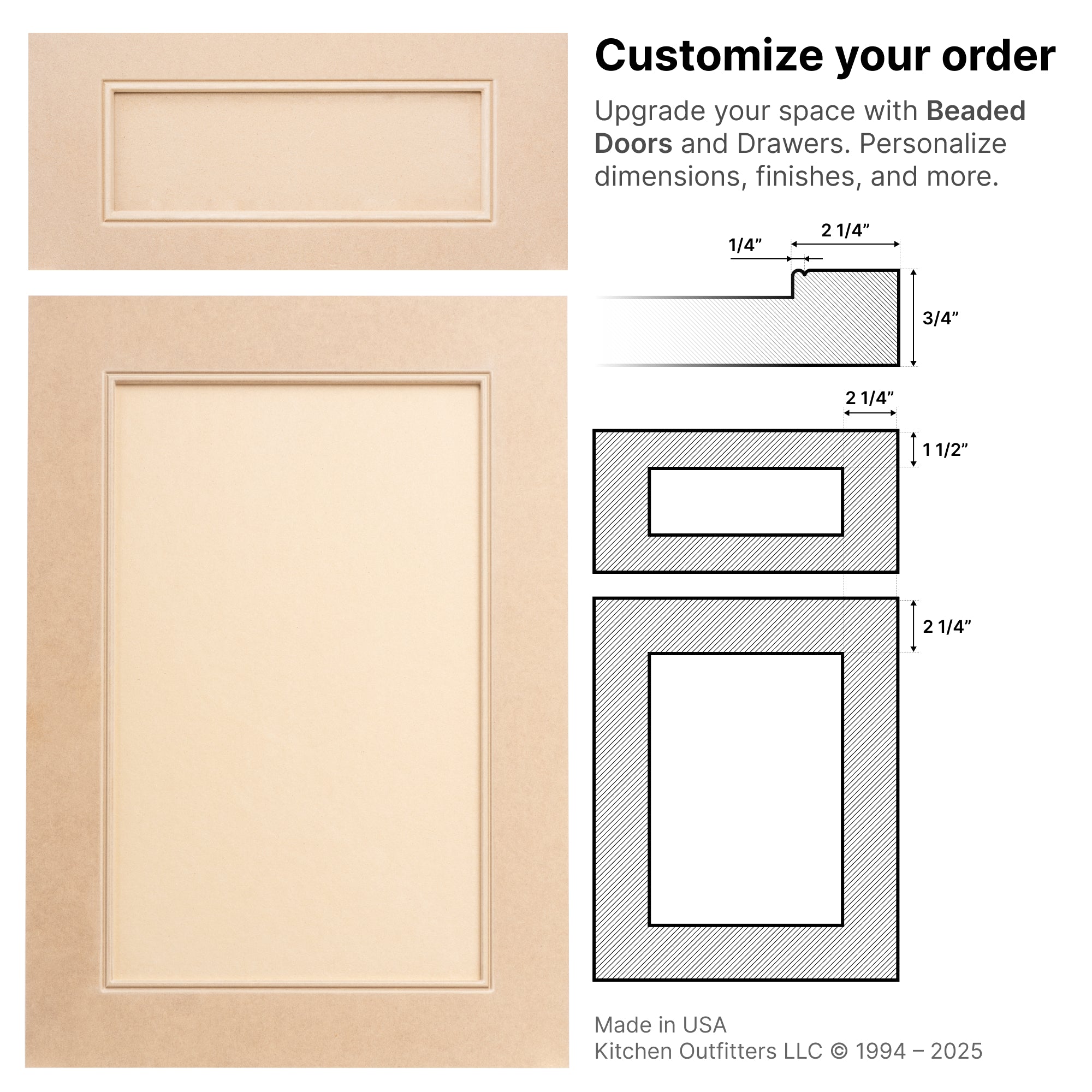Beaded style cabinet door – stile and rail sizes with bead cut profile schematic