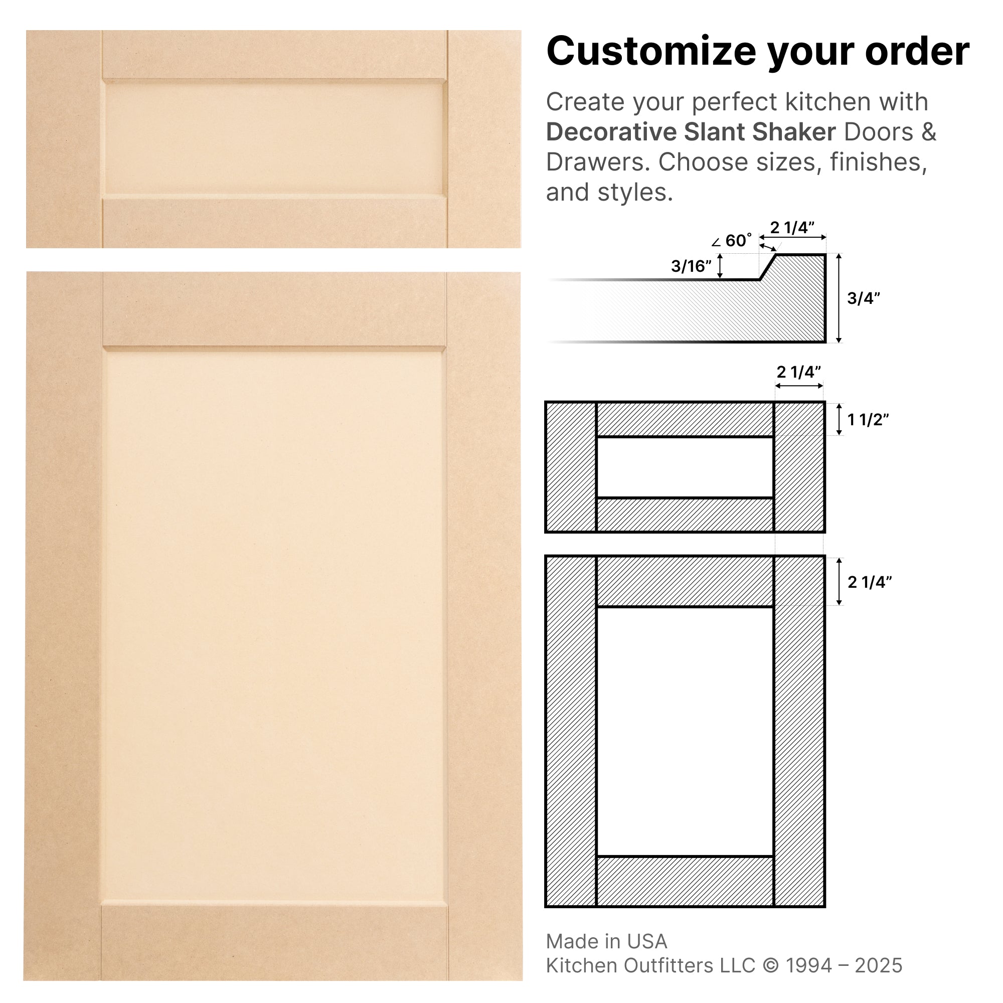 Decorative Slant Shaker door cutaway – stile and rail layout with decorative angle depth