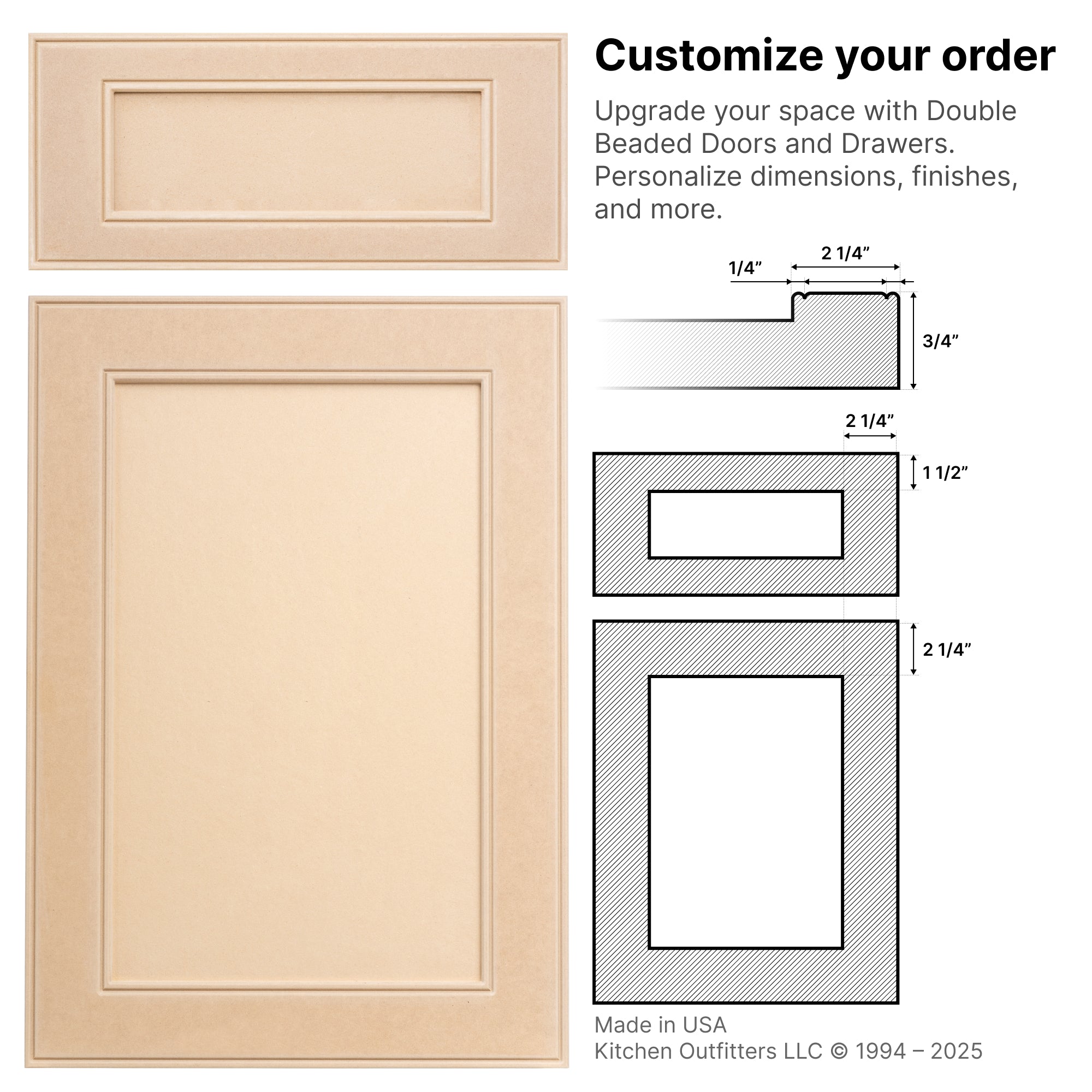 Double Bead style cabinet door drawing – stile width and bead profile depth