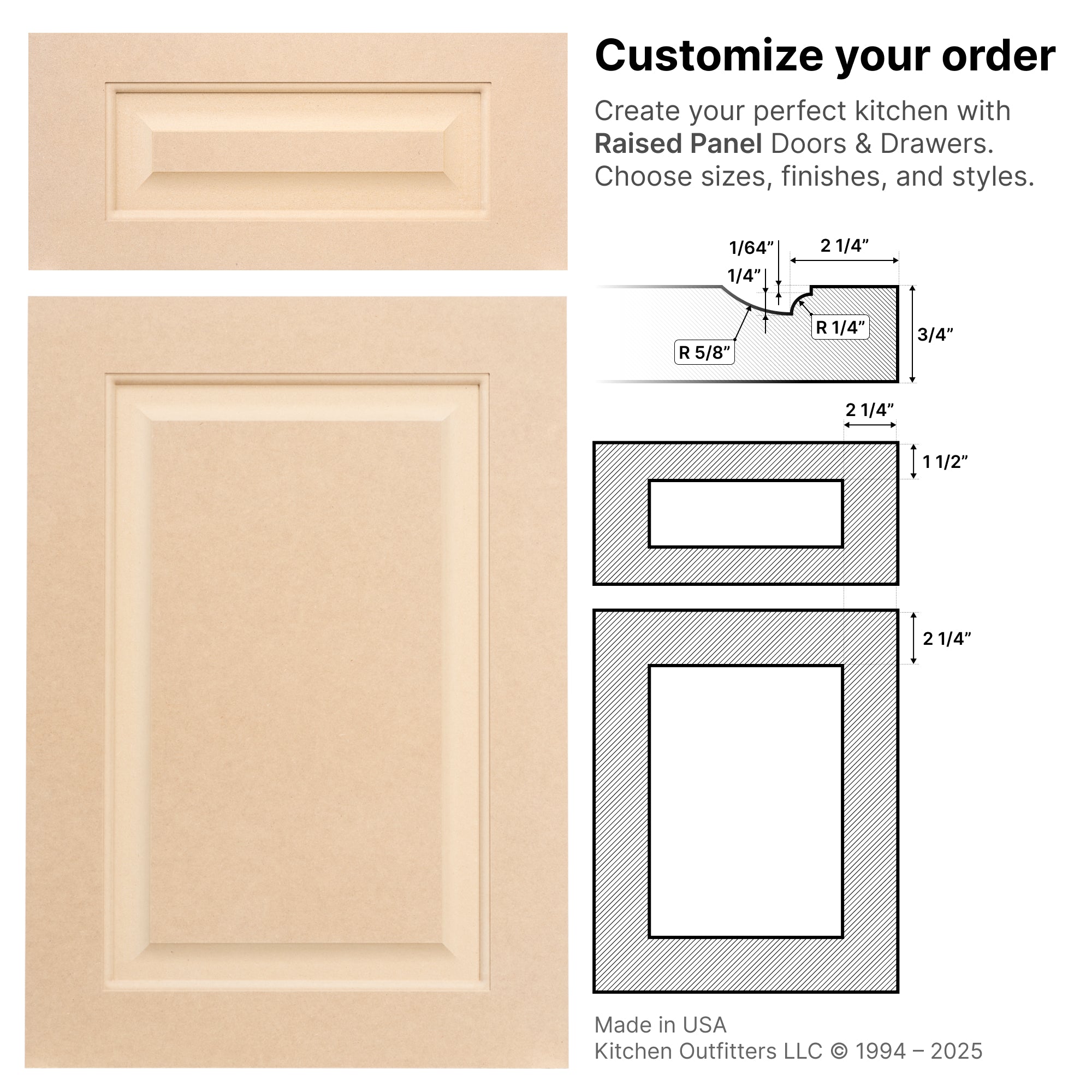 Raised Panel MDF door – cross-section drawing with stile, rail, and raised panel measurements