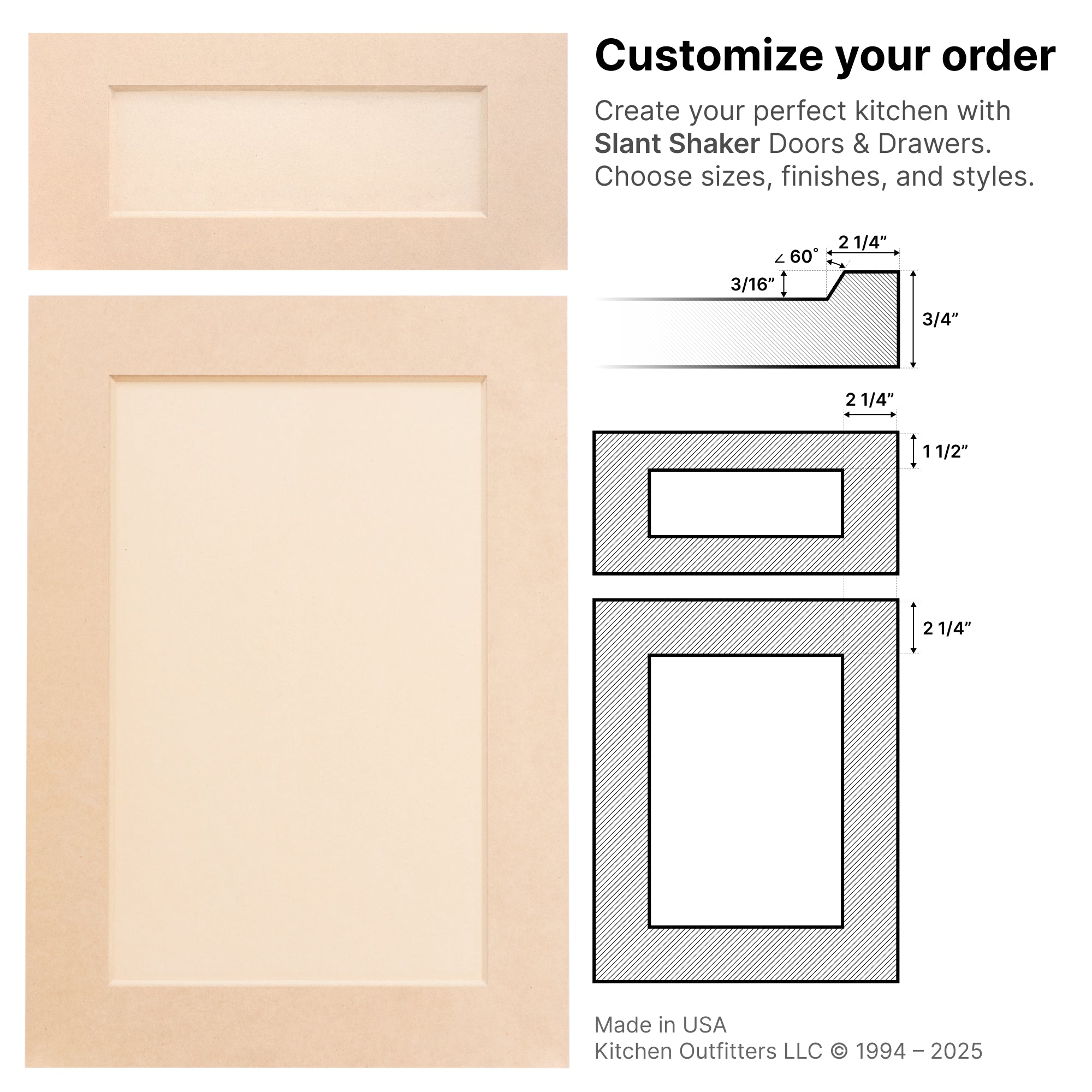 Slant Shaker style MDF cabinet door – stile and rail dimensions with cut depth and profile drawing