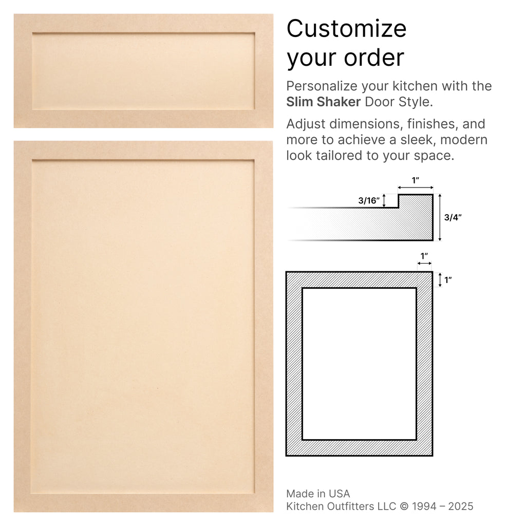 Slim Shaker MDF door specifications – stile width, rail height, and clean edge profile drawing