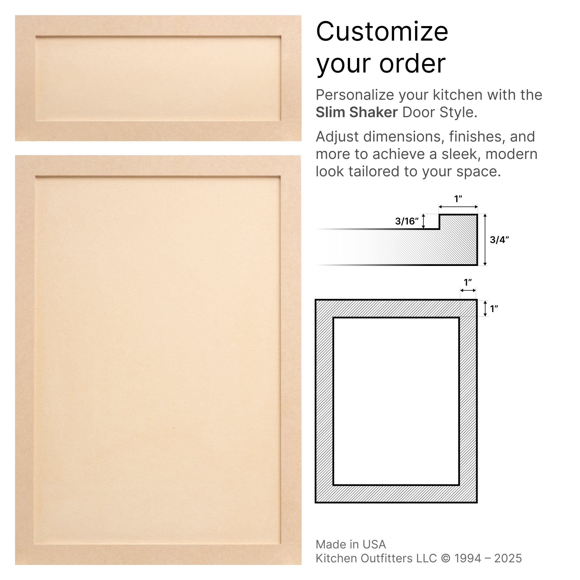Slim Shaker MDF door specifications – stile width, rail height, and clean edge profile drawing