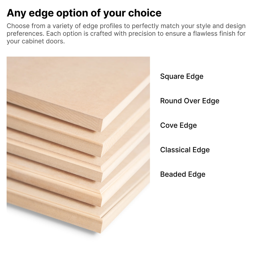 Edge profile options for custom MDF cabinet doors – square, round, cove, classical, and bead edges