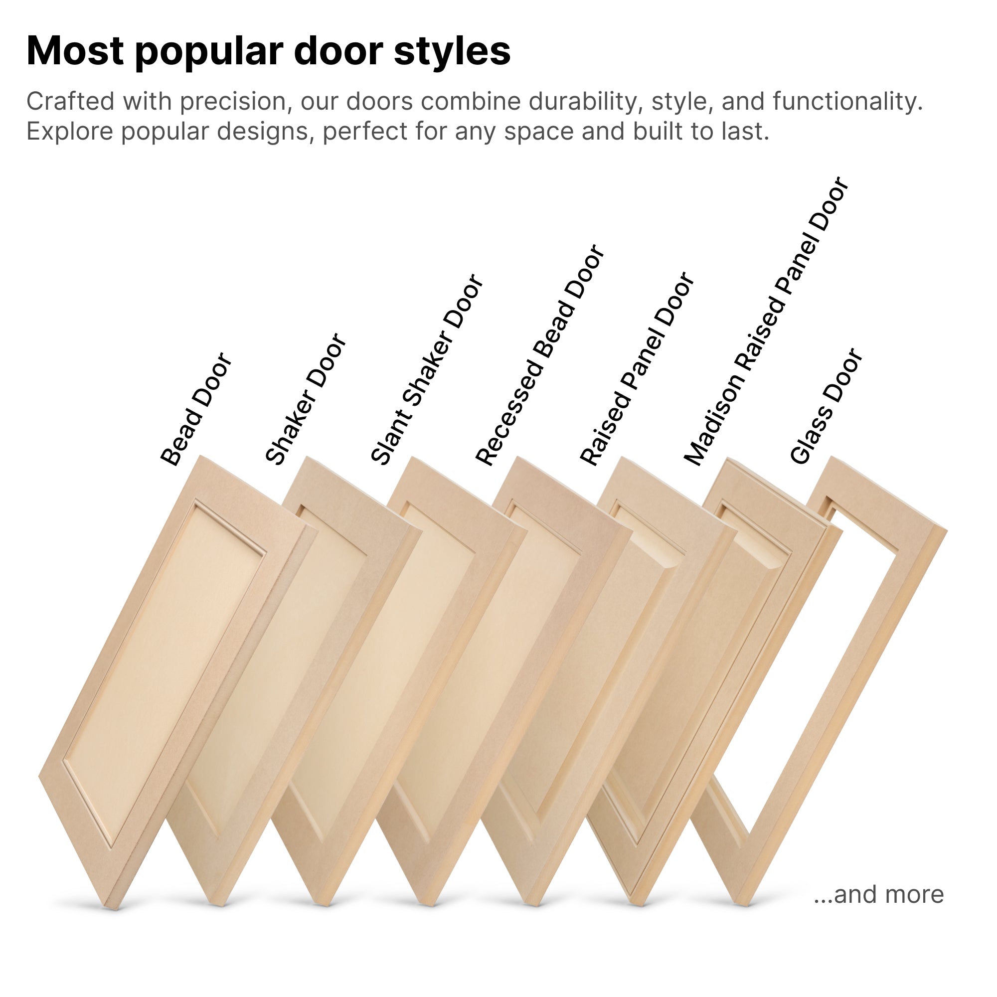 Side view of most popular MDF cabinet door styles – shaker, bead, raised panel, and glass doors
