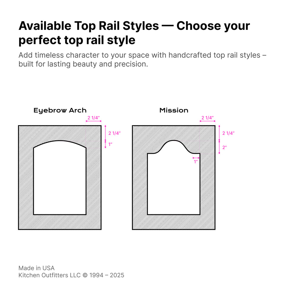 Cabinet door top rail designs – eyebrow arch and mission (cathedral) style profiles